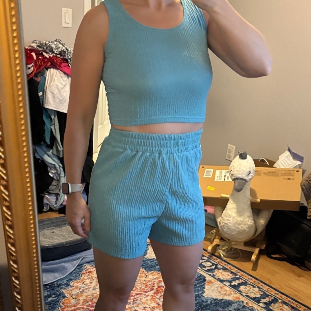 Women's Blue Ribbed Two-piece set